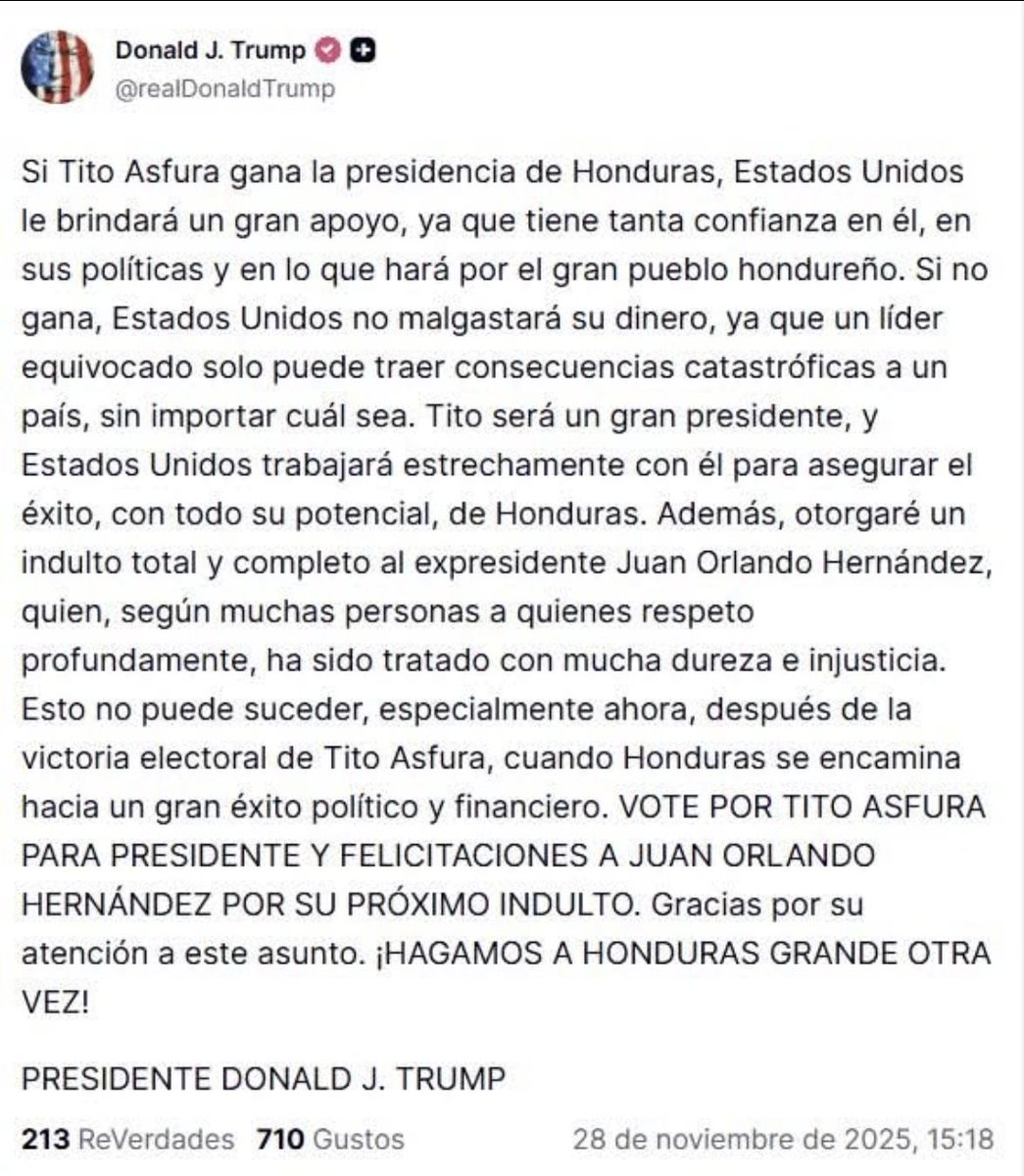 Marco_Teruggi's tweet image. Trump ya no solamente llama a votar por Asfura en Honduras sino que promete indultar al expresidente Juan Orlando Hernández condenado por narcotráfico en EEUU. ¿No era que tanto le preocupaba el tema del narcotráfico a Trump?