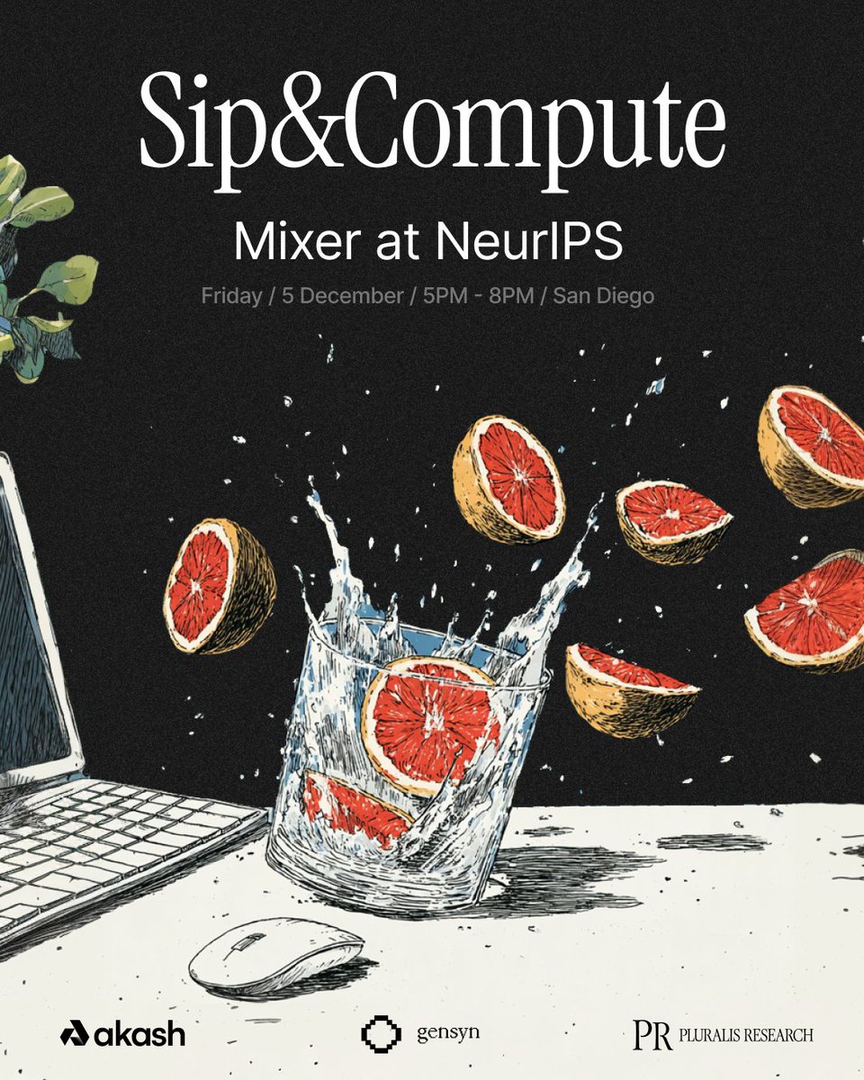 akashnet's tweet image. Co-working by day, connections by night 🧑‍💻🪩

After Day 2 of co-working, head downstairs for “Sip and Compute” - our second evening mixer at the Cafe Sevilla Club with @gensynai and @PluralisHQ!

Only 6 minutes away from the NeurIPS Conference.

Register here ↓…