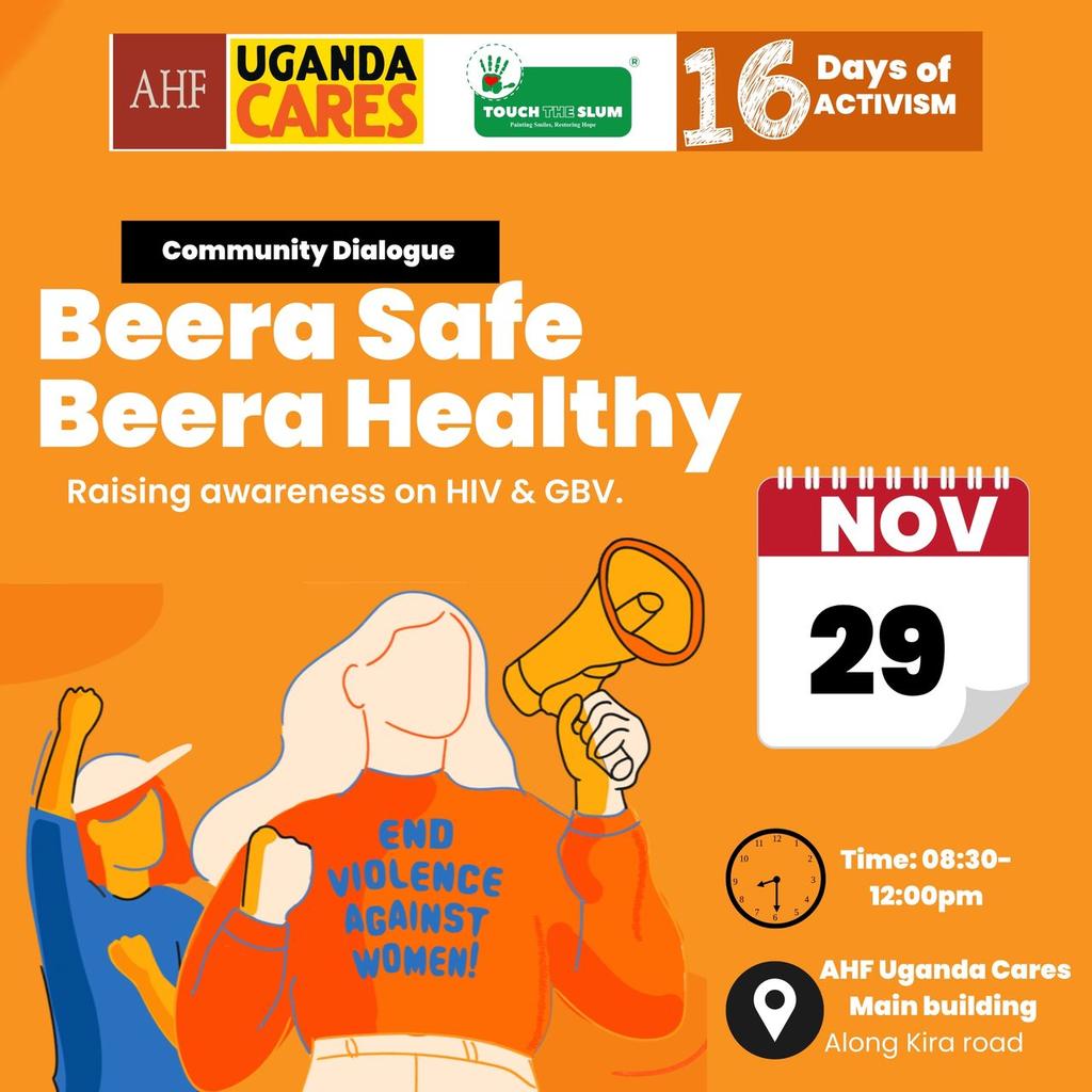 JAYSONYIGA23's tweet photo. Touch the Slum and AHF Uganda Cares will host a #BeeraSafe #BeeraHealthy community dialogue at Uganda Cares offices. Join us at 8:30am to raise HIV & SGV awareness. https://t.co/0FQE9i4nnm
