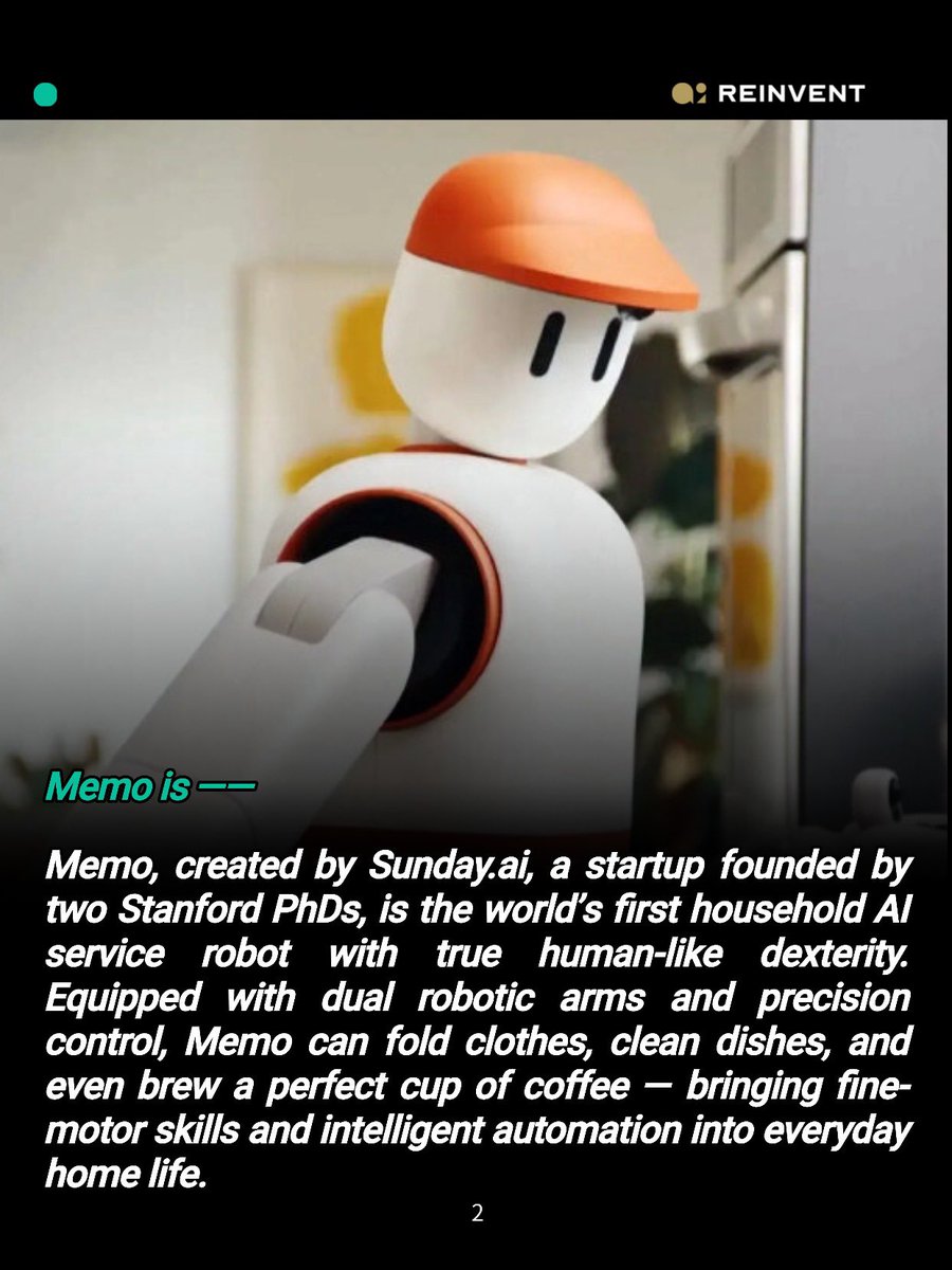 AI_Reinvent's tweet image. Meet Memo — the AI home robot with human-like hands.

🔥 Why it’s cool:
✓ Dual-arm design with fine motor control
✓ 10M+ human demonstration dataset for real
✓ From brewing coffee to dishwashing

#MemoRobot #AI #AIrobotics #smarthome #embodiedAI
