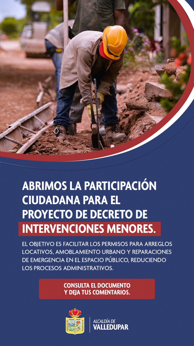 ¡Tu voz cuenta!

La Alcaldía de Valledupar abre el proceso de participación ciudadana para el Proyecto de Decreto de Intervenciones Menores.

🔗: forms.gle/UBpA6ckvbSVBJ8…