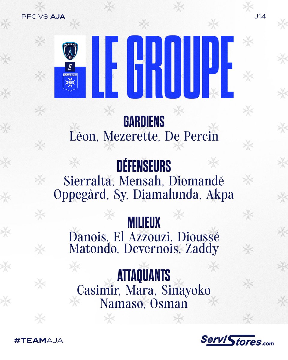 🔵 𝐋𝐞 𝐠𝐫𝐨𝐮𝐩𝐞 𝐚𝐮𝐱𝐞𝐫𝐫𝐨𝐢𝐬 ⚪ Voici les joueurs retenus pour le déplacement à Paris demain soir 🚌#TeamAJA #PFCAJA pic.