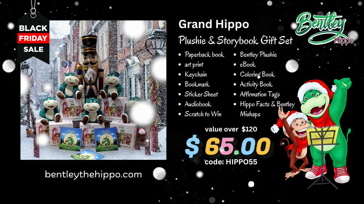 Hippo Takeover!
Bentley’s Grand Gift Set is bursting with plushie cuddles, books &amp; fun.  The only hippo that fits under a tree - grab yours before they're all gone! bentleythehippo.com/the-grand-hipp…
#childrensbooks #christmasgifts #blackfriday #BlackFridaySale #SmallBusinessSaturday