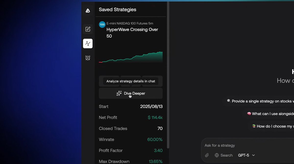 LuxAlgo's tweet image. Deep Strategy Analysis: 4/7

Want to learn more on your strategy? Hit &quot;Dive Deeper&quot; on any of your saved ones

Ask about the biggest winners/losers, longest holding times, trade sequences, market conditions, and more

You’re not guessing off of a pretty equity curve. You’re…
