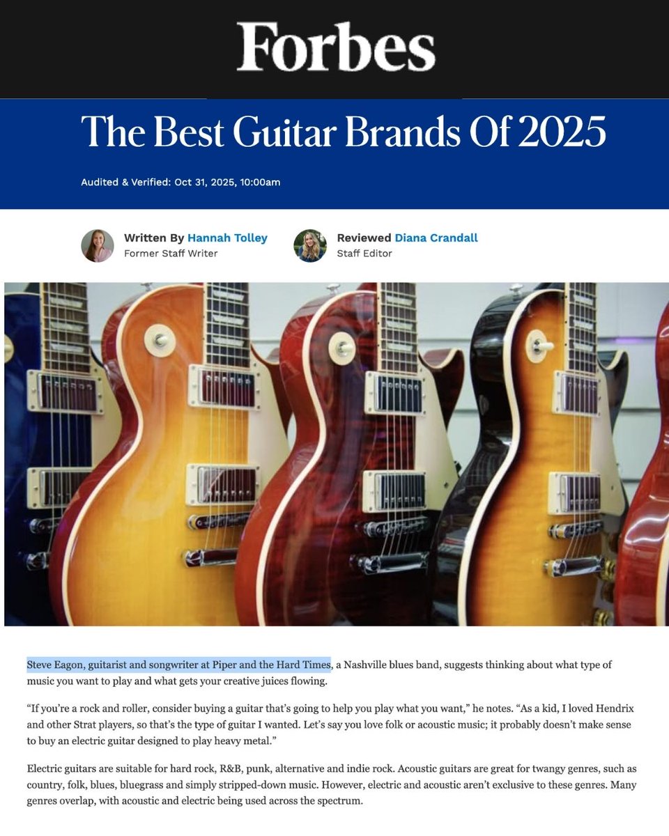 🎸 Looking for a new axe to put under the tree? 🎄

When Forbes needed experts to help with their new guide – The Best Guitar Brands Of 2025 – they reached out to our client, Steve Eagon, guitarist for Piper &amp; The Hard Times

Check out the full article at forbes.com/advisor/t/best…