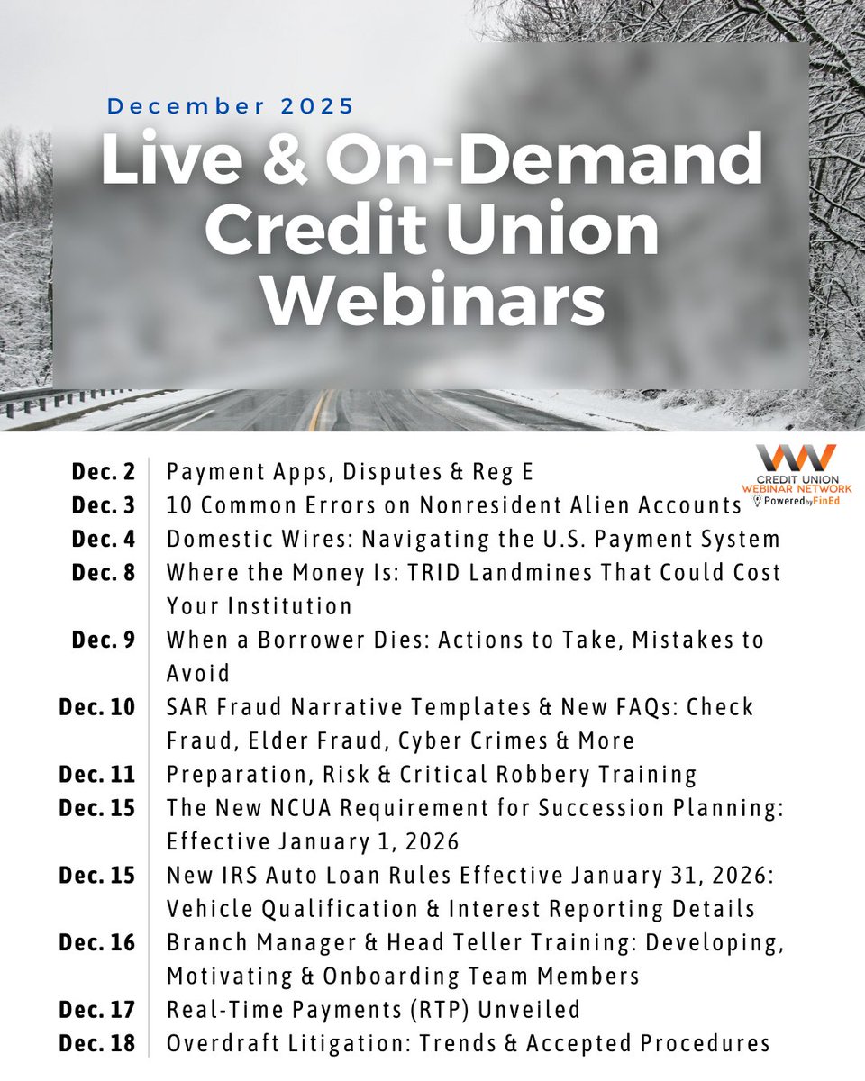 cuwebinars's tweet photo. No travel. No hassle. Just expert credit union training with real results. December webinars—register now and power up your team!
Link:https://t.co/hWEUVWx5w0
#CUWN#CreditUnion #Compliance https://t.co/H5SktIHNae