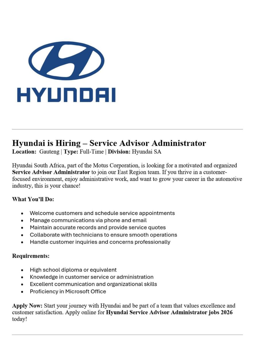 📌Hyundai SA is hiring!

✅Administrator: Service Advisor 

📍Gauteng

Salary: R10,000- R16,000 p/m

Requirements:
- Grade 12/ Matric only!
- Knowledge in admin/customer service 
- Computer literate!

Closing Date: Not specified!

Apply now: visionsoul.co.za/hyundai-servic…