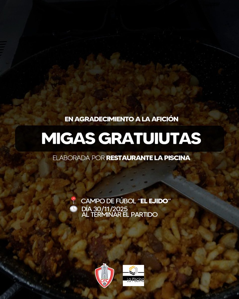 🍽️ Este domingo, después del partido… ¡MIGAS PARA TODOS!

Al terminar el encuentro, podremos disfrutar de unas deliciosas migas elaboradas por el Restaurante La Piscina, para seguir compartiendo fútbol y familia.

¡Os esperamos! 🔴⚪