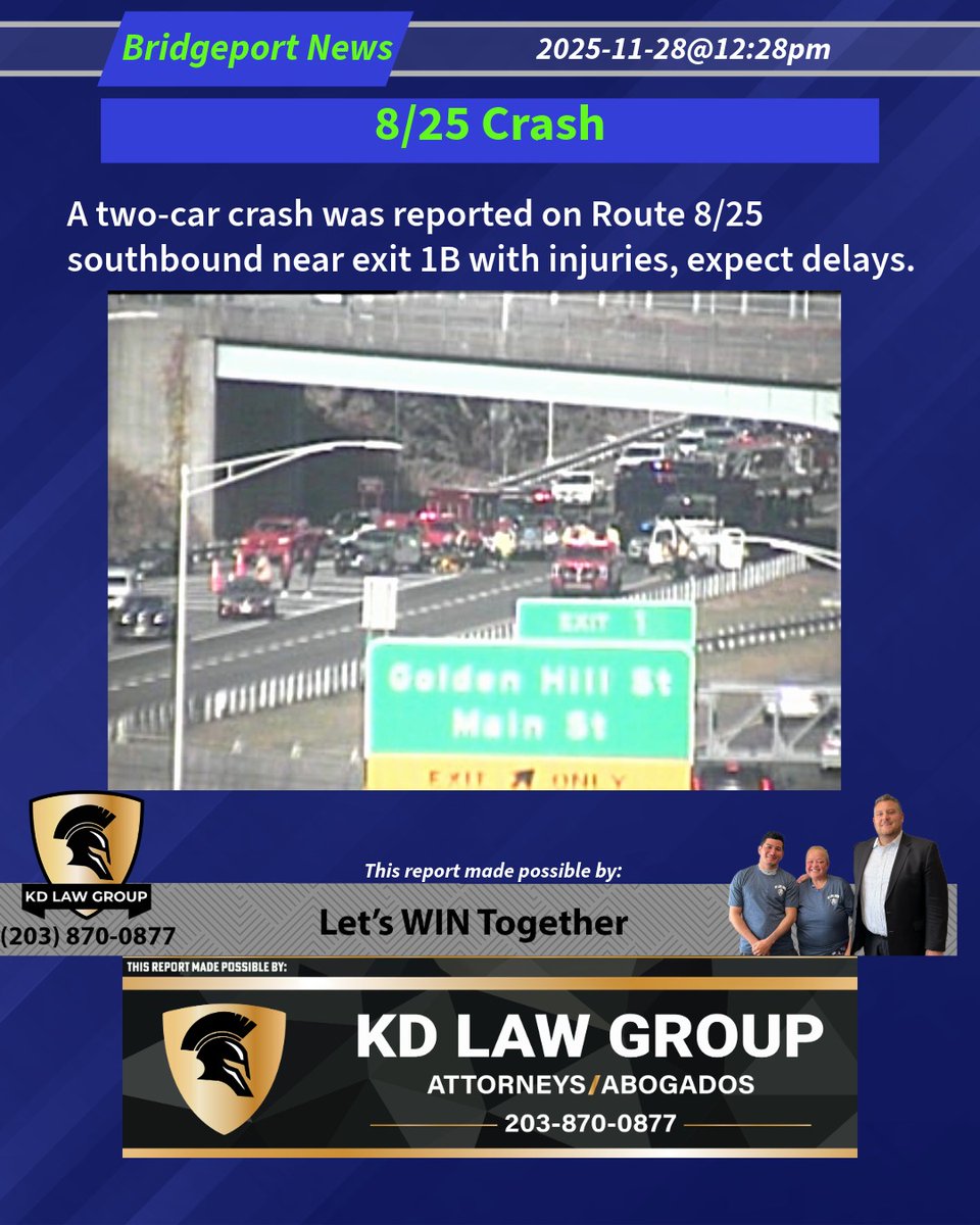 DoingItLocalcom's tweet photo. 8/25 Crash
A two-car crash was reported on Route 8/25 southbound near exit 1 B with injuries, expect delays.
2025-11-28@12:28pm-- #Bridgeport CT #cttraffic https://t.co/Dc0oZO16h8