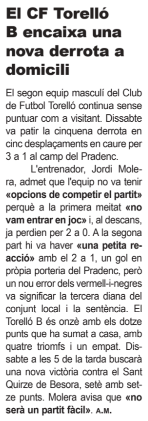 ⚽️ Repàs de la 10a jornada <a href="/cftorello/">CF.TORELLO</a> 

📌 El primer equip masculí va superar al Martorelles (2-1) i va ratificar el liderat
📌 El primer equip femení va encaixar la primera derrota com a local (1-4)
📌 El Torelló B va enllaçar la cinquena derrota a domicili (3-1)

<a href="/settorello/">Setmanari Torelló</a>