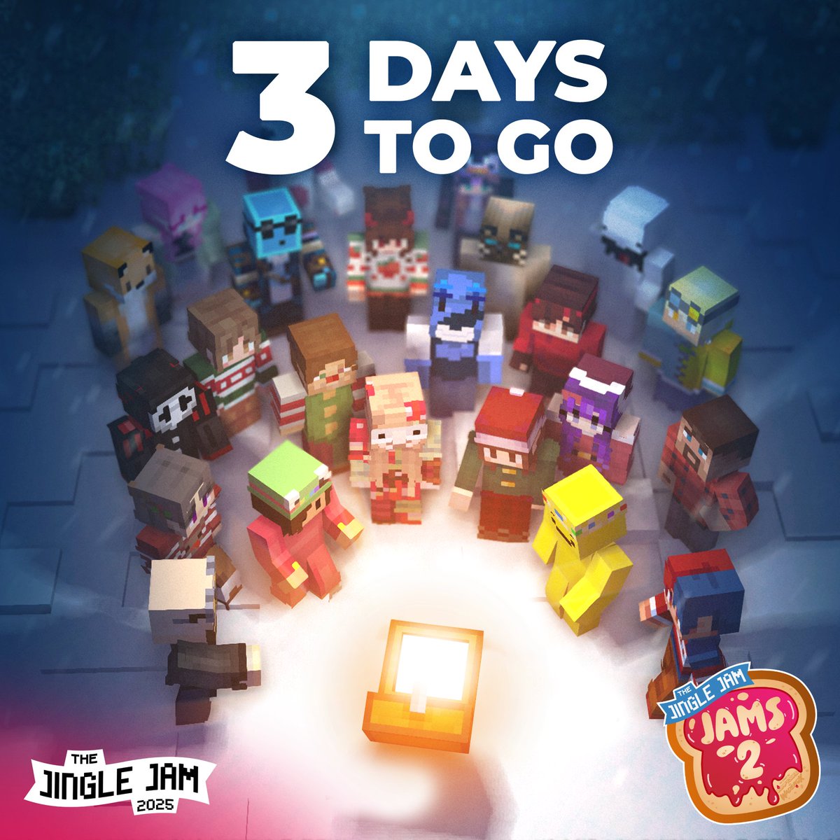 jinglejam's tweet image. Just THREE days &apos;til Jingle Jam kicks off - and we&apos;re celebrating with the crew from JAMS 2!

Tune in to their next Minecraft event on December 5th at 9 PM GMT! They&apos;ll be raising funds for all our wonderful charities with chaotic quests and glorious mayhem caused by your donos!