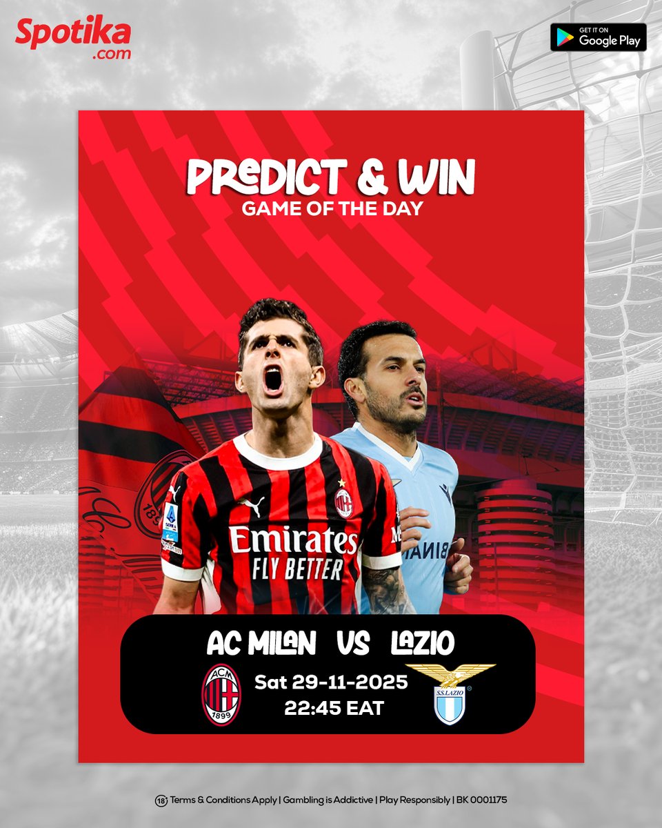 Spotikacom's tweet photo. Unadai kuwai hii KSH100? Basi Italian Flair iko on display, ni wewe tu uamue!

Game of the Day leo inatupeleka Italy.

Milan wako one win away from the top spot na Lazio wanakazana kuingia top six.

Hii mtaweza predict final score kweli, ama tuchoree?

Let us know in the comments guys!

Kama kawa machampee:
1. WEKELEA BET ya KSH47 KWA HII GAME BEFORE KICKOFF (MUST)
2. RUSHA FT SCORE PREDICTION KWA COMMENTS BEFORE KICKOFF
3. TAG MAMORIO WATATU
4. ENJOY LIFE NA SPOTIKA

Play responsibly

TERMS & CONDITIONS APPLY