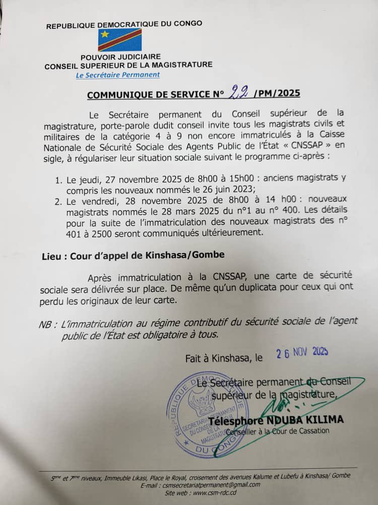 BukasaEmmanuel2's tweet image. #RDC🇨🇩: CNSSAP - CSM : SOUS LA HOULETTE DU MAGISTRAT SUPRÊME, SEM FÉLIX-ANTOINE TSHISEKEDI, LA CNSSAP RENFORCE LA COUVERTURE SOCIALE DU CORPS JUDICIAIRE

Conformément aux dispositions de la loi n°22/031 du 15 juillet 2022 portant régime spécial de sécurité sociale des agents…