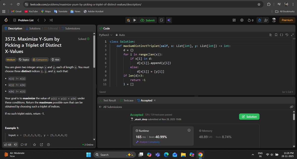 _deep_star's tweet photo. Hello All, I completed #Day696 of #365DaysofCode Challenge with @scaler_official
Question: Maximize Y‑Sum by Picking a Triplet of Distinct X‑Values
discord link: https://t.co/KZjzYqsjPH
#letsconnect #scalerdiscordcommunity #codewithscaler #365daysofcodescaler #365DaysofCode https://t.co/AQDLMZ0V8I