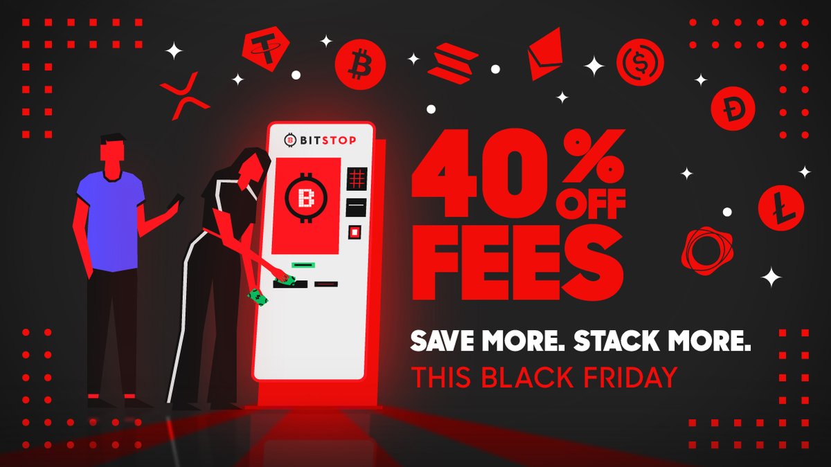 bitstop's tweet image. We’ve never done this before. 40% off fees at all Bitstop ATMs. Black Friday just became Stack Friday.  

Save more. Stack more. Code: BITFRIDAY