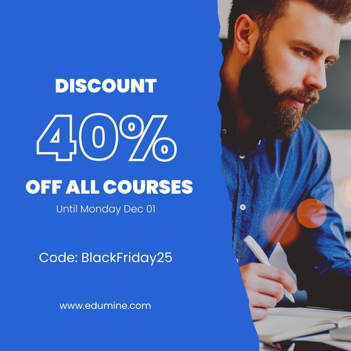Edumine's tweet photo. Edumine’s biggest sale of the year is officially LIVE 🔥

From now until Monday December 1st you can get 40% off every Edumine course with the code: BlackFriday25 at checkout.

👉 Explore all courses: https://t.co/W8x5INtbmV

This offer ends Monday December 1st

#blackfriday https://t.co/j0QmeWaC4b
