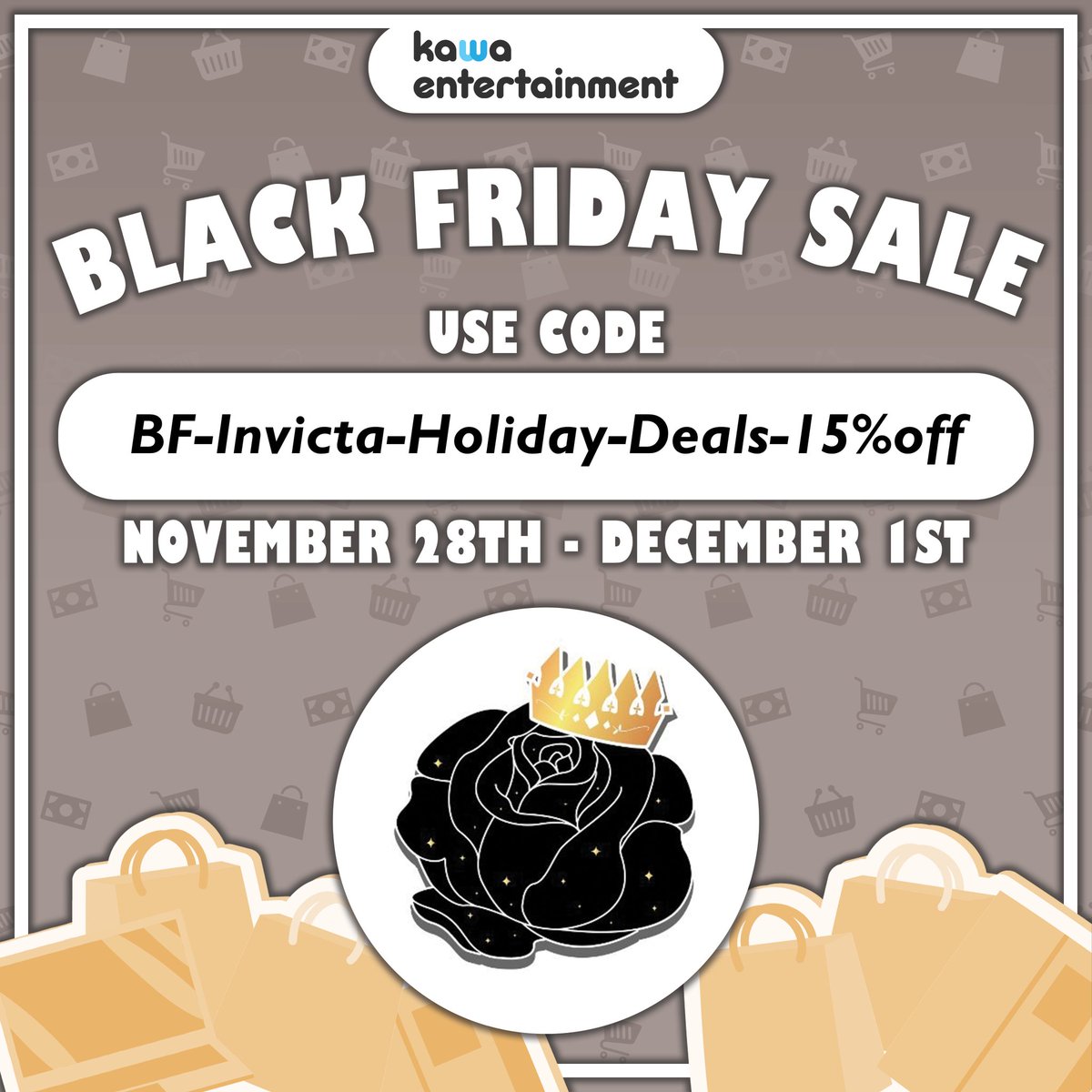 Interested in getting your hands on Invicta Merch for Black Friday-Cyber Monday deals?

You can get 15% off your order with the code BF-Invicta-Holiday-Deals-15%off

🔗merch.kawaentertainment.com/collections/in…