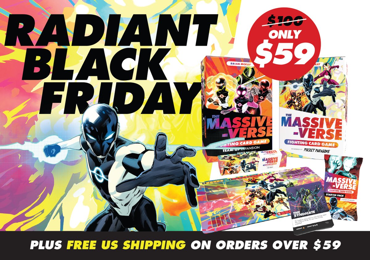 We're celebrating Radiant Black Friday with 40% of the Massive-Verse Bundle!  Plus, older Pocket Paragons sets are only $5 each, and you can take advantage of free US shipping on orders over $59!  Shop now at store.solisgamestudio.com
