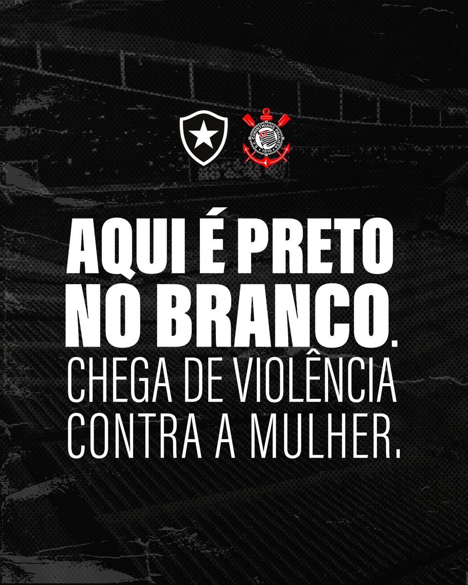 #HORADELAS 🤝 #RESPEITAASMINAS

Em um movimento inédito no futebol brasileiro, Botafogo e <a href="/Corinthians/">Corinthians</a> unem forças para chamar atenção para a violência contra a mulher. Os clubes somam as campanhas "Números Quebrados" e "Quem Matou?" em uma ação conjunta que acontece no jogo