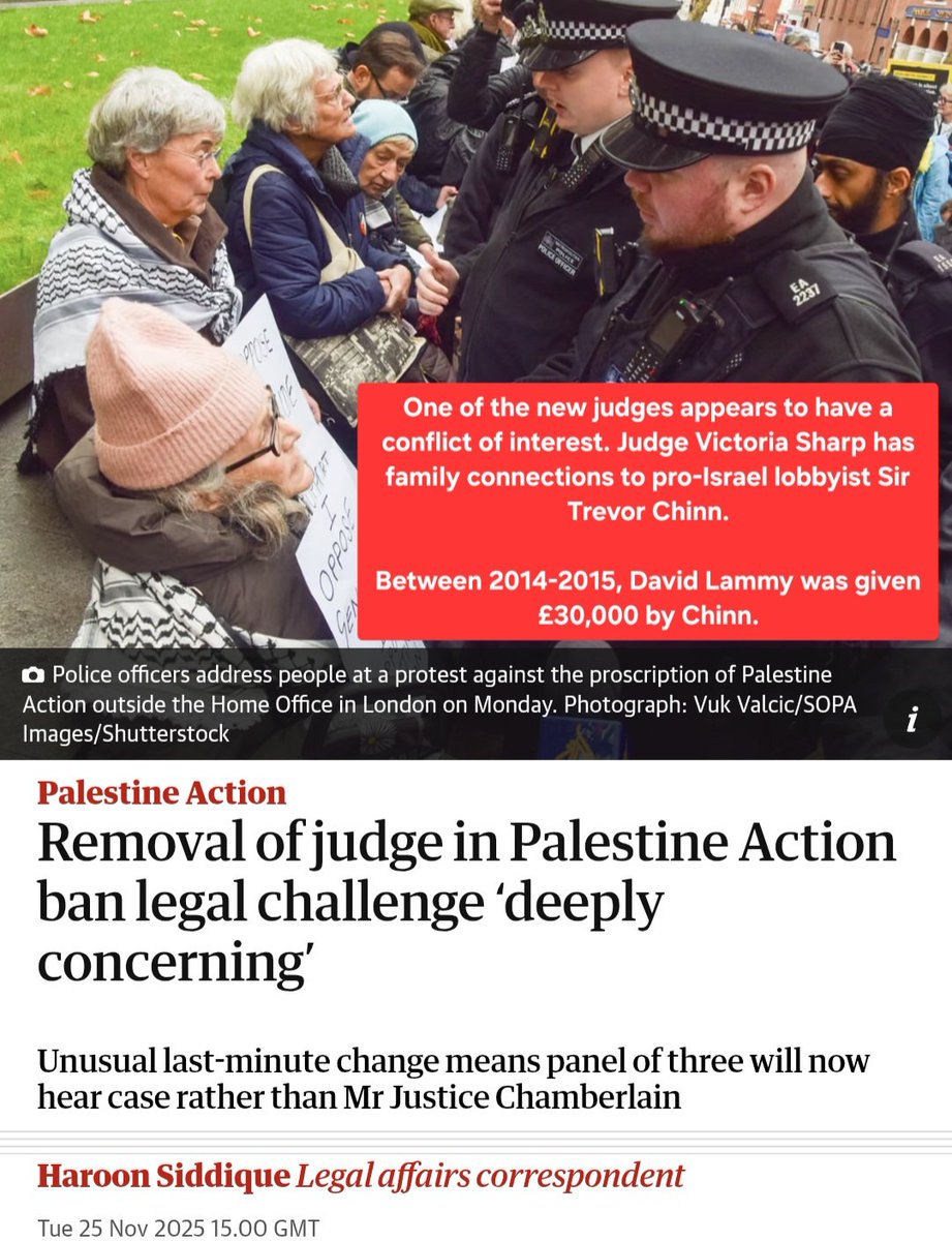 LammyOut's tweet image. One of the new judges appears to have a conflict of interest. Judge Victoria Sharp has family connections to pro-Israel lobbyist Sir Trevor Chinn.

Between 2014-2015, David Lammy was given £30,000 by Chinn. 

#LammyOut