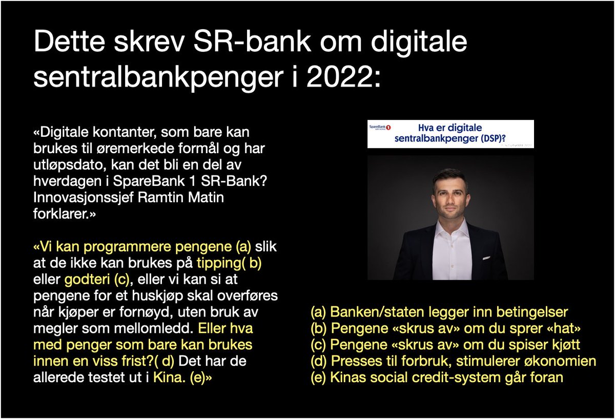tveitmiljo's tweet photo. MENNESKERETTIGHETENE VAR UKRENKELIGE DA DE KOM FRA GUD. NÅ ER DE POLICY.

Når rettigheter ikke lenger har en hellig forankring, blir mennesket uhellig — og dermed administrativt, justerbart og oppsigelig.

Digital ID og programmerbare penger er det første steget.

I morgen arrangeres foredraget Digital ID – et liv i fotlenke på Litteraturhuset. (1)

Jeg skulle gjerne vært der. Temaet er for viktig til å gå forbi, for vi står midt i et historisk veiskille: Skal rettigheter være gudegitte, som demokratiet i sin tid ble bygget på – eller skal de deles ut av staten, etter lydighet og sosial atferd?

Jeg kjenner ikke detaljene om foredraget, men vil her redegjøre for noen tanker jeg gjør meg om temaet. 

Det moderne, sekulære Vesten har glemt hvordan demokratiet ble skapt. Grunnprinsippet var enkelt: Menneskerettighetene er ikke gitt av staten, men av Gud — de er naturgitte, og derfor ukrenkelige.

Staten kan verken gi dem eller ta dem tilbake. Hele vår konstitusjonelle tradisjon – inkludert Grunnloven – er utformet med dette som bakteppe.

I dag ser vi en helt annen utvikling: Den politiske og teknologiske klassen beveger seg mot et system der rettigheter mer og mer blir administrert, forvaltet, justert — og i verste fall stengt av.

Og dette skjer ikke gjennom store taler eller revolusjoner. Det skjer gjennom teknologi.

SR-BANK VAR ÅPEN ALLEREDE I 2022: "VI KAN PROGRAMMERE PENGENE"

I 2022 skrev Sparebank1 SR-bank at digitale sentralbankpenger (DSP) kan programmeres. (2) Det sto svart på hvitt:

"Vi kan programmere pengene (a) slik at de ikke kan brukes på tipping (b) eller godteri (c) … Eller hva med penger som bare kan brukes innen en viss frist? (d) Det har de allerede testet ut i Kina. (e) (mine parenteser)".

Dette er ikke mine ord.

Dette er en norsk storbank som beskriver helt konkret hvordan neste generasjons penger kan fungere. Pengene som er rett rundt hjørnet hvis EU får det som de vil. 

Jeg la inn fotnoter:

(a) Banken/staten legger inn betingelser.
(b) Pengene kan blokkeres ved «brudd på retningslinjer» (f.eks. "hat", "desinformasjon").
(c) Pengene kan blokkeres for kjøtt, alkohol, flyreiser eller varer som bryter med kostholds- eller klimaretningslinjer.
(d) Penger som går ut på dato presser deg til forbruk – du eier dem ikke. Altså er det ikke bare huslånet du låner, men også selve pengene som du trodde du eier.
(e) Kina tester dette i stor skala allerede, og SR-bank heier på dem. Anders Magnus gikk nylig ut med at da han jobbet i NRK fikk han ikke lov redaksjonen å kalle Kina for det det er: et diktatur. Hva tenker DU om dette?

Dette er ikke science fiction.

Dette er allerede teknologisk mulig. Og i flere land – allerede i bruk.

Men teknologisk kontroll kan bare slå rot der samfunnets åndelige og kulturelle immunforsvar er svekket.

Spørsmålet er: Har vi det immunforsvaret i dag?

SÅ KOMMER DIGITAL ID – LENKEN SOM KOBLER ALT SAMMEN

Foredraget på Litteraturhuset i morgen heter Digital ID – et liv i fotlenke. Navnet er presist. For Digital ID er ikke et bankkort. Det er ikke en app. Det er koblingen mellom identitet, økonomi, bevegelser, kommunikasjon og sosial atferd.

Digital ID + programmerbare penger + automatisert regulering = en total infrastruktur for lydighet.

Og når infrastrukturen for lydighet er total, er også kontrollen total. Det er det som på et språk uten eufemismer kalles totalitarisme.

Banken/Staten trenger ikke å "forby" deg.

De kan bare slå av funksjoner du er helt avhengig av. 

Dette gjelder også politikerne.

For når penger og tilgang kan styres sentralt, betyr det at også politiske beslutningstakere kan bringes til lydighet – ikke fordi noen "overstyrer dem i dag", men fordi infrastrukturen legger til rette for det.

I et system der økonomien er programmérbar, er også politikerne sårbare:

Den som kontrollerer infrastrukturen, kontrollerer insentivene.
Og den som kontrollerer insentivene, kontrollerer beslutningene.

VI HAR SETT DETTE FØR – I ET DEMOKRATI. CANADA, 2022

I Canada frøs bankene kontoene til mennesker som protesterte mot koronarestriksjoner. Ikke kriminelle. Ikke voldelige ekstremister. Fredelige demonstranter.

Men ikke bare det:

Privatpersoner som donerte noen hundrelapper til "feil side" fikk også midlene sine frosset.

Dette er ikke teori.

Dette er en vestlig rettsstat som brukte finanssystemet som politisk sanksjonsvåpen — eller et finanssystem som brukte rettsstaten. 

Og vi har ennå ikke tatt inn over oss hva det betyr.

NESTE STEG? EU ØNSKER Å SKANNE MELDINGENE DINE – FØR DU SENDER DEM

Mange husker hvordan Stasi åpnet og limte igjen konvolutter for å lese privat post. Det var den analoge totalstatens våte drøm: full tilgang til borgernes kommunikasjon.

Nå er dette på trappene igjen – i digital form.

Document skrev nylig (3) om et EU-forslag som innebærer at meldinger kan skannes før de sendes, under påskudd av å bekjempe overgrep og kriminalitet.
Det betyr i praksis at:

Ingen privat kommunikasjon er privat.
Ingen kryptert tjeneste er lenger virkelig kryptert.

Staten får forhåndstilgang til alt du gjør, alt du skriver og alt du tenker høyt i det digitale rommet.

Dette er ikke bare overvåkning, men forhåndskontroll – den politiske drømmen enhver sensurstat alltid har hatt.

Og når jeg beskriver dette for folk, svarer mange: – Jeg har jo ingenting å skjule, så dette raker ikke meg.

Men dette er en farlig illusjon.

For hvis historien lærer oss noe, er det dette:

Gi mennesker ubegrenset makt – og de blir korrumpert.

Ikke alltid med en gang. Ikke alltid med onde hensikter. Men alltid når folket slutter å kontrollere dem.

Mennesket tåler dårlig makt. Det er et historisk lovmessig fenomen.

Så la oss stille spørsmålet på en annen måte:

Vil du at en ond makt – nå eller i fremtiden – skal ha full tilgang til alt maktkritikere, opposisjonelle og dissidenter holder på med?

Svaret gir seg selv.

Skal du ut av et destruktivt forhold med en voldsmann, vil du ikke at overgriperen skal lese korrespondansen din med venner, familie, rådgivere – eller noen som prøver å hjelpe deg.

Hvorfor skulle forholdet mellom stat og borger være annerledes?

En god stat trenger ikke innsyn i alt.

En ond stat må ha det.

DET SEKULÆRE DEMOKRATIET ER I FERD MED Å KOLLAPSE I SIN EGEN GLEMSEL

Demokratiet ble bygget på at staten ikke er moralsk over oss. 

At staten ikke eier oss.

At staten ikke gir oss rettigheter etter smak og behag.

Men i en sekularisert tidsalder har vi glemt fundamentet:

Når Gud fjernes, fyller staten vakuumet.

Rettigheter blir ikke lenger ukrenkelige – de blir administrative.

Digital ID. Programmerbare penger. Forhåndsskanning av meldinger. Kontoer som kan fryses ved "feil" protest. 

Alt er uttrykk for det samme:

Demokratiet er i ferd med å glippe over i et styringsregime der rettigheter gis – og tas – av mennesker.

Og når mennesker gir rettighetene dine, er det bare et spørsmål om tid før de også tar dem tilbake.

-----------------------

Lenkene ligger i kommentarfeltet. 

Du kan støtte mitt arbeid ved å vipse til: 911 75 352