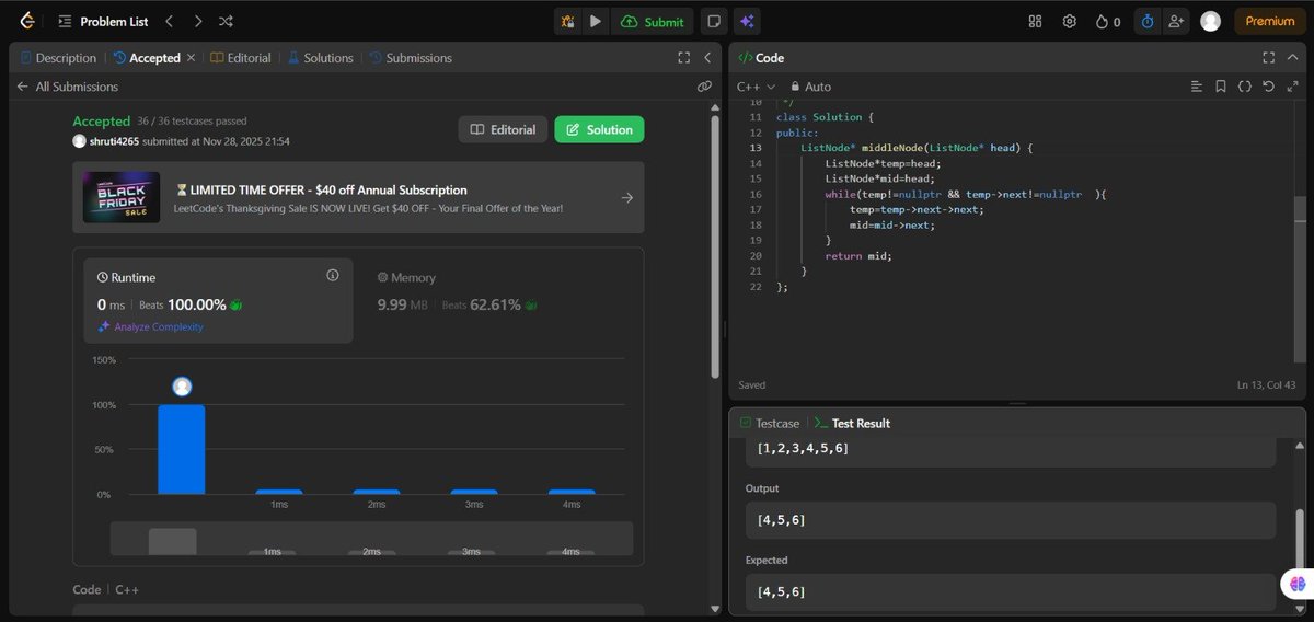 ShrutiS45736639's tweet image. Day 55/100 #100DaysOfCode

Deep dive into Linked List patterns today.

Mastered the &quot;Tortoise and Hare&quot; algorithm for finding the middle and detecting cycles. Also implemented &quot;Reverse Linked List&quot; both iteratively and recursively. The foundation is set!

#DSA