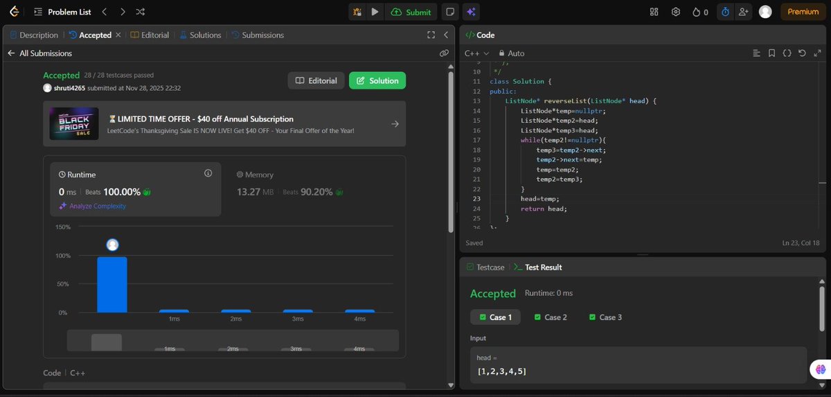 ShrutiS45736639's tweet image. Day 55/100 #100DaysOfCode

Deep dive into Linked List patterns today.

Mastered the &quot;Tortoise and Hare&quot; algorithm for finding the middle and detecting cycles. Also implemented &quot;Reverse Linked List&quot; both iteratively and recursively. The foundation is set!

#DSA