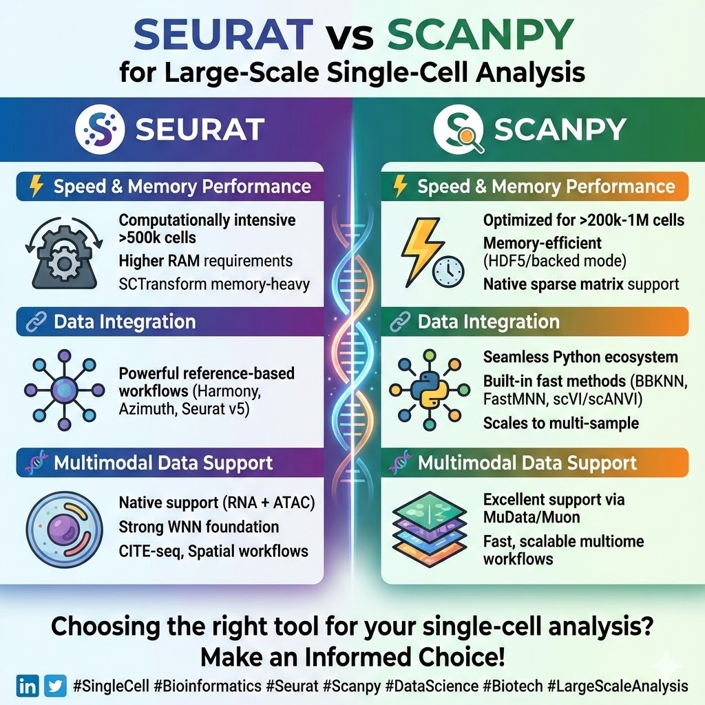 nishat_NSS's tweet image. R vs. Python for Single-Cell? 🧬

If you need deep multimodal integration ➡️ SeuratIf you have &amp;gt;1M cells and need speed ➡️ Scanpy

Choose your fighter wisely. Check the comparison card below! 🖼️

#Bioinformatics #SingleCell #Seurat #Scanpy #ArtificialInteligence