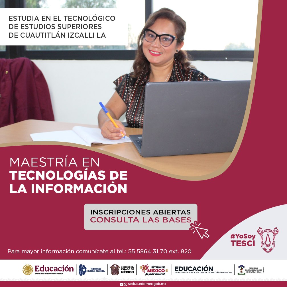 📷📷Estudia la Maestría en Tecnologías de la Información 📷📷 en el TESCI
Inscripciones abiertas . ¡No te quedes fuera!
Consulta las bases:
tesci.edomex.gob.mx/sites/tesci.ed…
Liga de registro: docs.google.com/forms/d/e/1FAI…
#YoSoyTESCI #OrgulloRino #MTI #Maestría
#ElPoderDeServir #TodosSomosTecNM