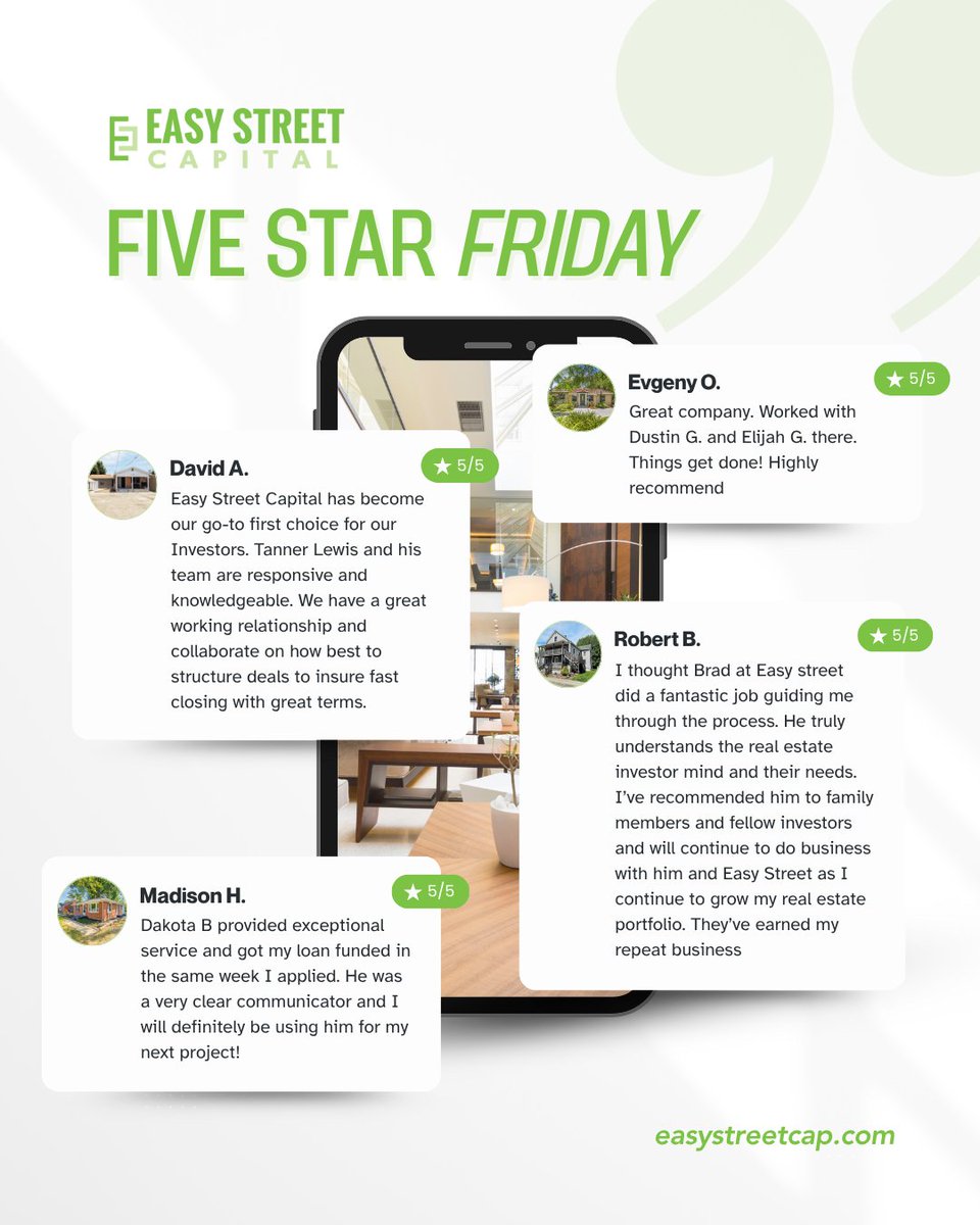 EasyStreetCap's tweet image. Happy Five Star Friday! ⭐ We’re grateful for the trust reflected in recent Easy Street Capital reviews and remain committed to delivering a dependable lending experience across every loan program.

#EasyStreetCapitalReviews
#RealEstateFinancing #PrivateLending