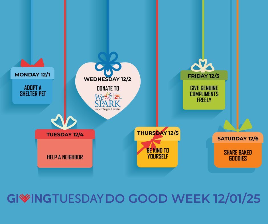 weSPARKsupport's tweet image. Get ready for “Do Good” Week at WeSPARK to celebrate #GivingTuesday week by lifting up our community and supporting free programs &amp;amp; services for cancer patients and their loved ones.  Let’s flood this special week with generosity and hope. 
Donate today: wespark.org/donate/