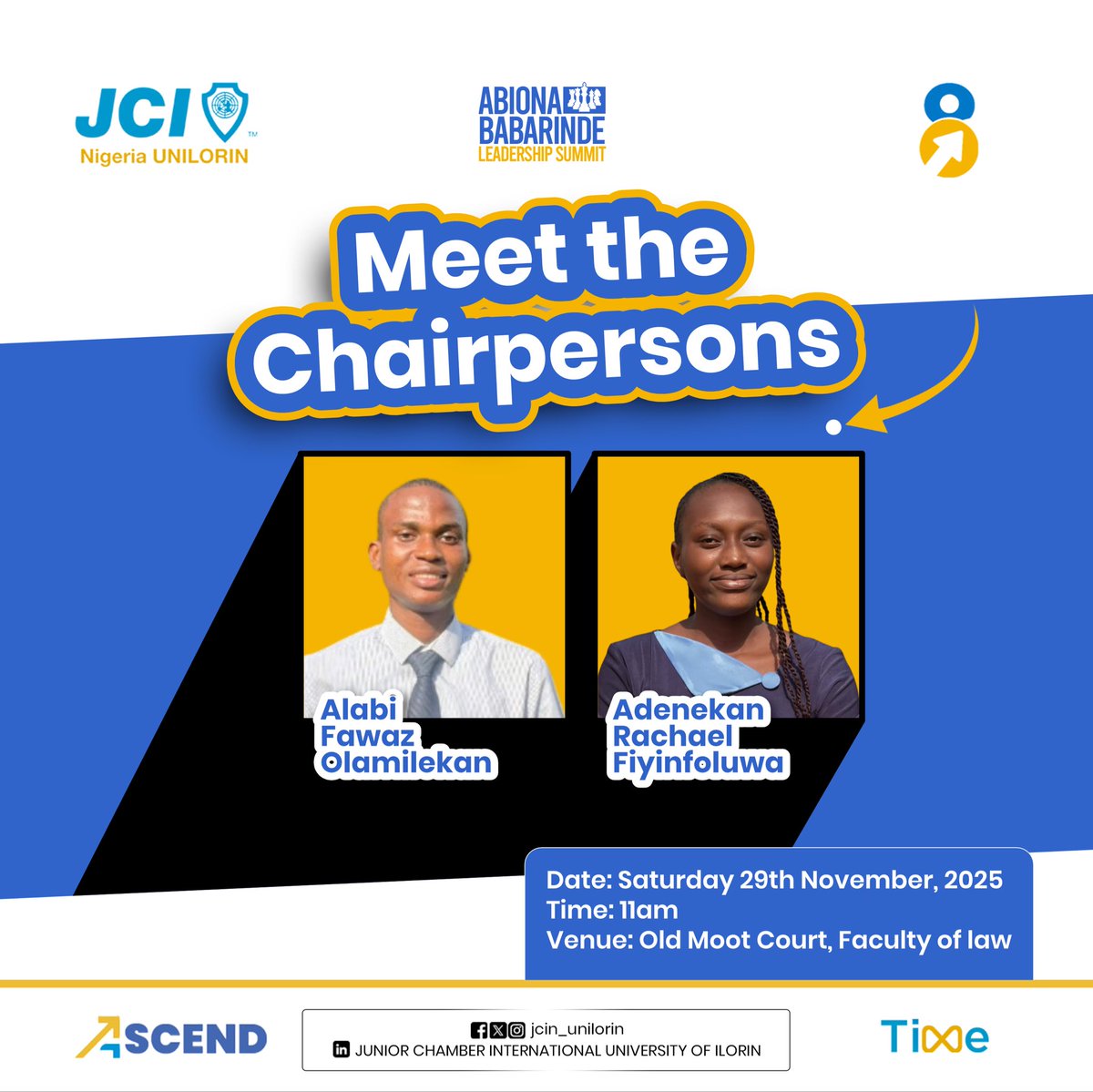 JCIN_UNILORIN's tweet photo. Behind every great summit are leaders who make it work.
Meet our Chairpersons, Alabi Fawwaz Olamilekan and Adenekan Rachel Fiyinfoluwa, two leaders powering ABL Summit 2025 with clarity and service.
Register now: https://t.co/FKaUYud3cz
#ABLSummit
#TIME
#Ascend
#ELV8
#JCI https://t.co/u9zOt2YwKm