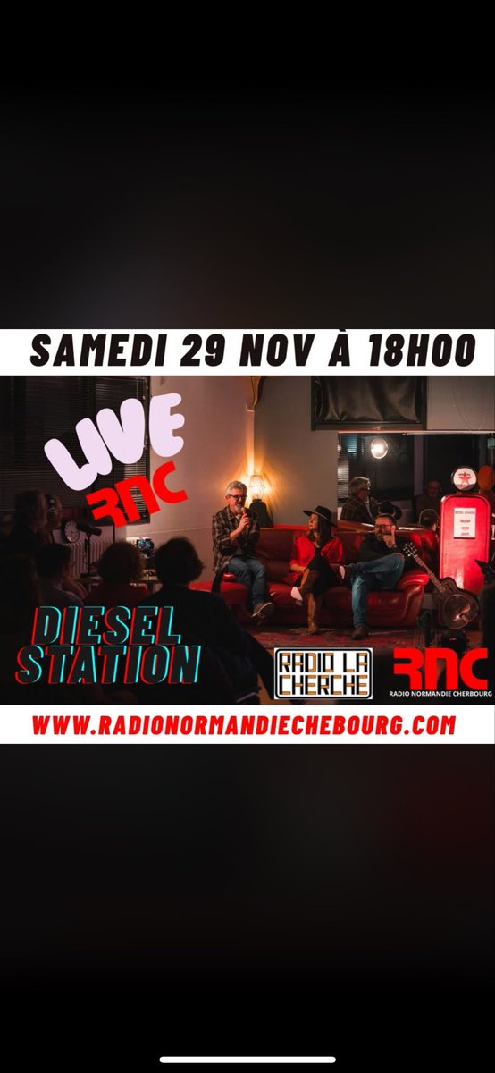 Samedi 29 novembre à 18h00 , premier LIVE RNC dans le grand studio en public de RNC avec le groupe Diezel station - Pop rock trio en collaboration avec Radio La Cherche.

radionormandiecherbourg.com/Player_RNC/

Diezel station - Pop rock trio
Radio La Cherche