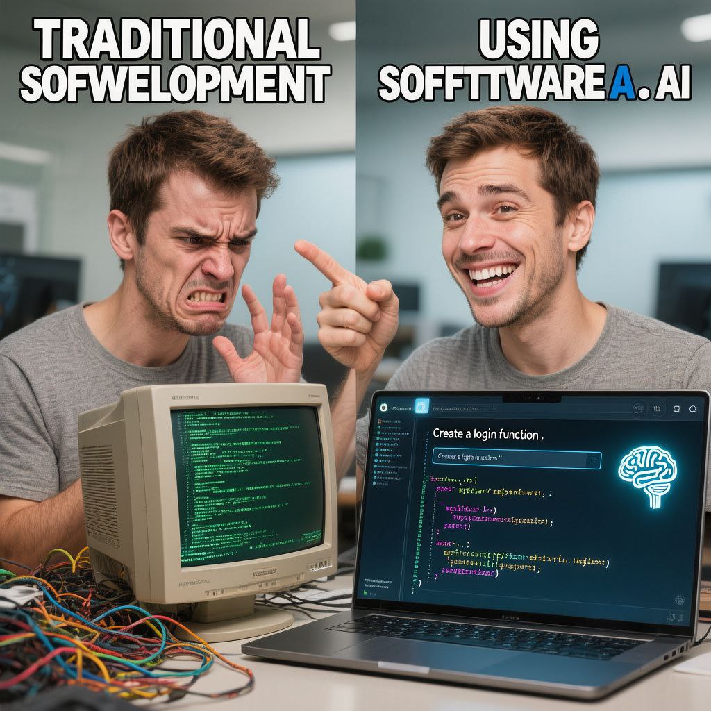 airdrophope1's tweet image. Who needs to wrestle with syntax errors when AI can whip up code faster than you can say &quot;debug&quot;? Traditional dev vs. Software.ai – the future is here! @domaprotocol  #AIDevelopment #CodingLife #xAI