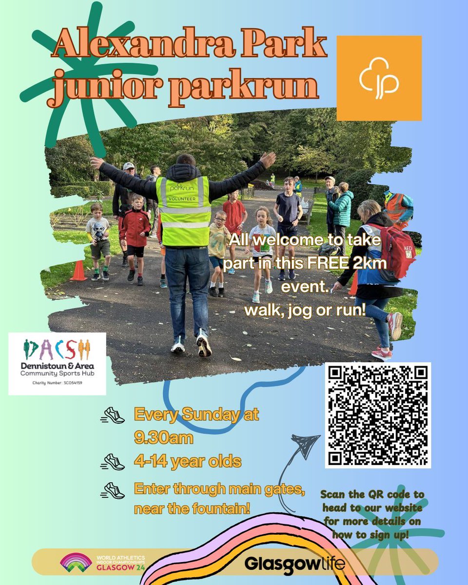 🏃 Junior parkrun at Alexandra Park!
FREE 2km run for kids aged 4–14 every Sunday at 9:30 AM.
Walk, jog or run – it’s all about fun!
Meet at the main gates near the fountain.
9.25am Warm Up ⌚
#JuniorParkrun #GlasgowActive #FamilyFitness