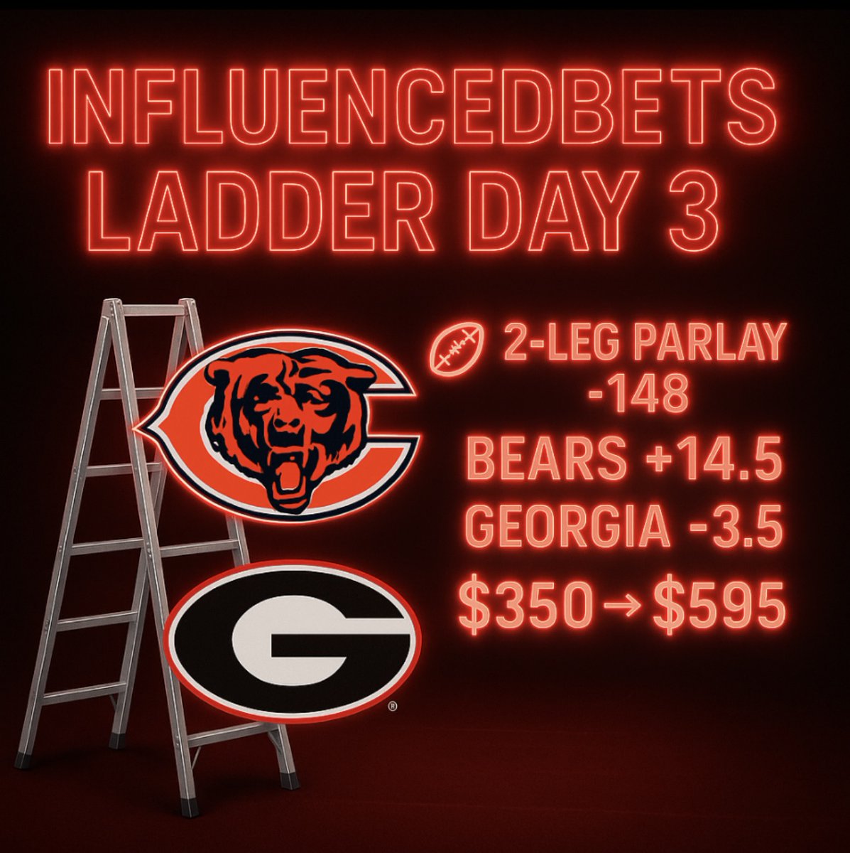 🪜🏈 𝗟𝗔𝗗𝗗𝗘𝗥 𝗗𝗔𝗬 3️⃣

🏈 2-Leg Parlay -148

🏈 Bears +14.5
🏈 Georgia -3.5

💰 $350 —> $595

🦃🤝 Take out profits &amp; Join VIP with the Black Friday Sale Below

📚 Sponsored by @KBCSportsbook DM them INFLUENCED sent you

dubclub.win/r/p/pri-ry75j/…