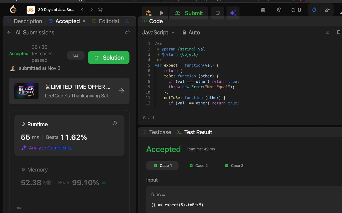 mnraza_codes's tweet image. Solved LeetCode 2704 – To Be Or Not To Be 🎯
Built a clean expect() function with strict equality checks + error handling.
Simple problem, satisfying solution!
#JavaScript #CodingPractice #100DaysOfCode