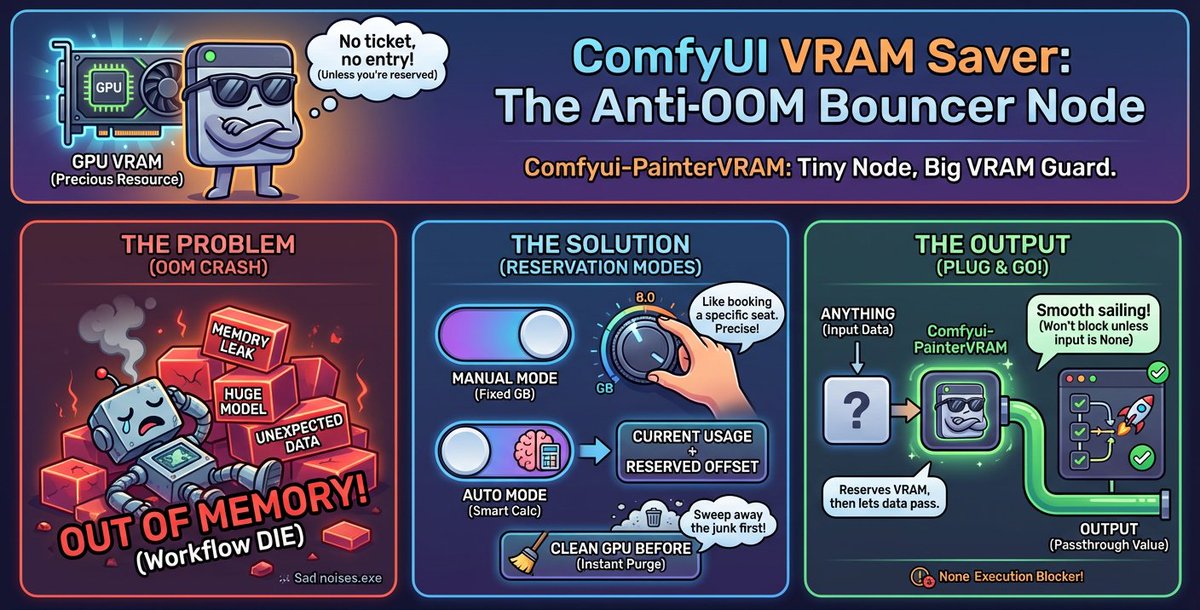 Comfyui-PainterVRAM: A tiny utility node that reserves GPU VRAM to prevent OOM crashes; simple plug-and-play with no extra outputs.
github.com/princepainter/…