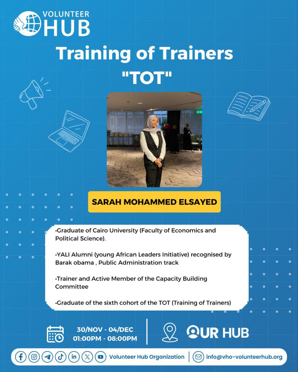 volunteerhuborg's tweet image. The Training of Trainers (TOT) program is an intensive practical journey designed to prepare professional trainers capable of inspiring others, creating effective training content, and delivering powerful sessions that leave a lasting impact.