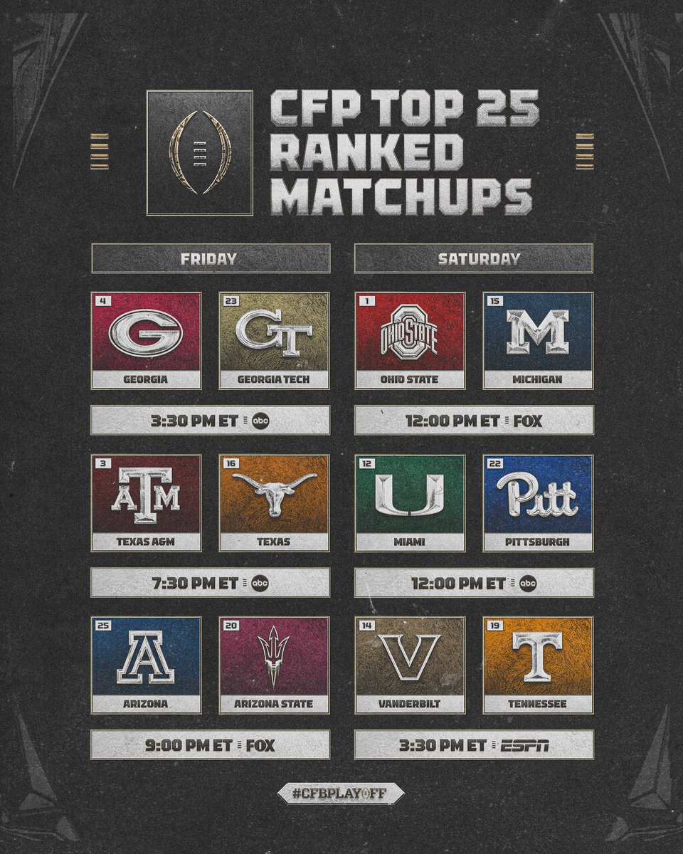 CFBPlayoff's tweet photo. Who needs leftovers when you got all these matchups this weekend!? 😁🏈

#CFBPlayoff https://t.co/ELoQaJx3iG