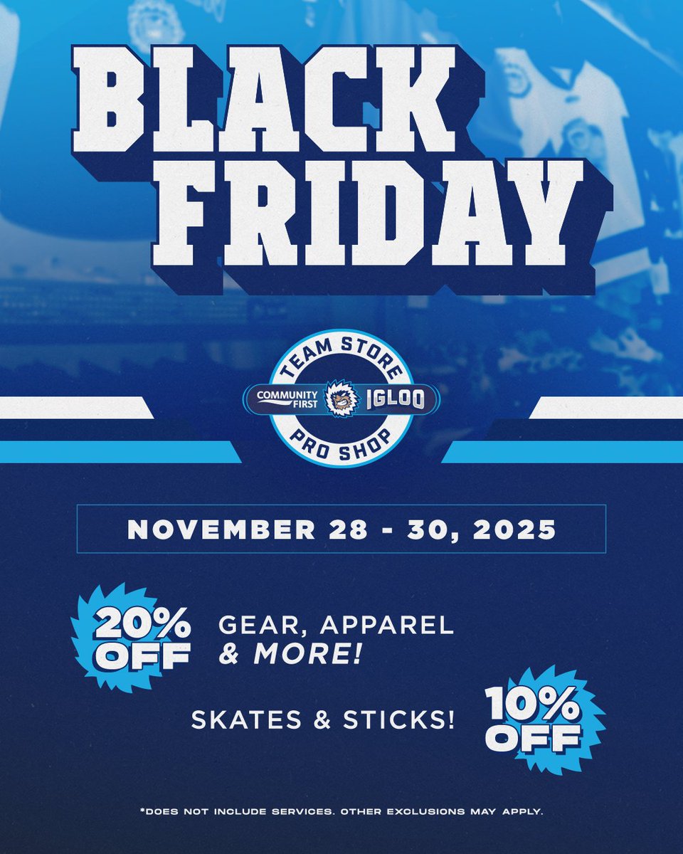 Black Friday deals are live in-store at the Igloo Team Store Pro Shop. Gear up with 20% off and 10% off skates and sticks!