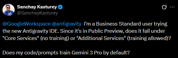 SanchayKasturey's tweet image. Hey Google, can you please respond? 

x.com/SanchayKasture…

@AskWorkspace @antigravity @googledevs @GoogleAI @GoogleDeepMind 
#antigravity #Privacy #GoogleWorkspace