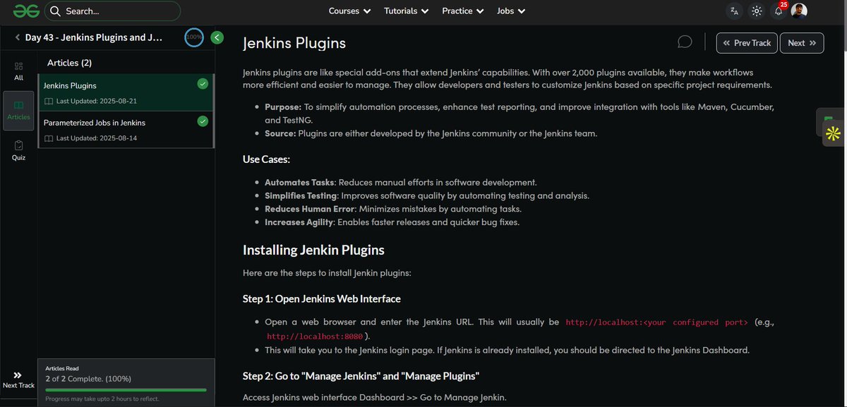 Dhyeychauhan3's tweet image. Day 43 of my #SoftwareTesting SkillUp Journey with
@geeksforgeeks 🚀

🧠 Explored essential Jenkins Plugins
⚙️ Learned to create Parameterized Jobs for flexible 
builds

#skillupwithgfg #nationskillup
🔗 lnkd.in/gMiiW3_n