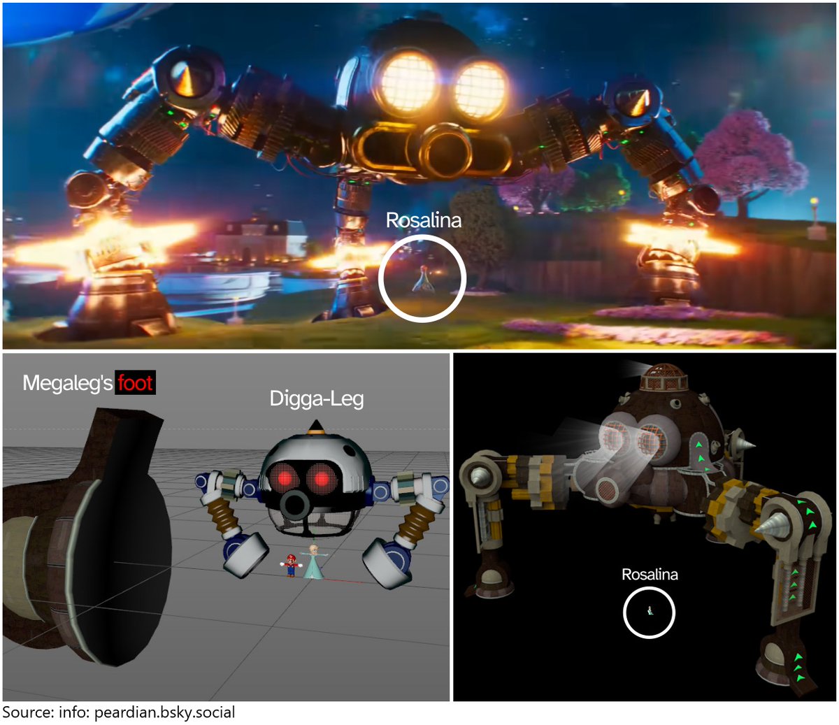 MarioBrothBlog's tweet image. In the Super Mario Galaxy Movie, Rosalina fights Megaleg. However, the real Megaleg from the game is much larger than one would expect and would have made Rosalina almost impossible to see when zoomed out. The size of the one in the movie is closer to Digga-Leg.