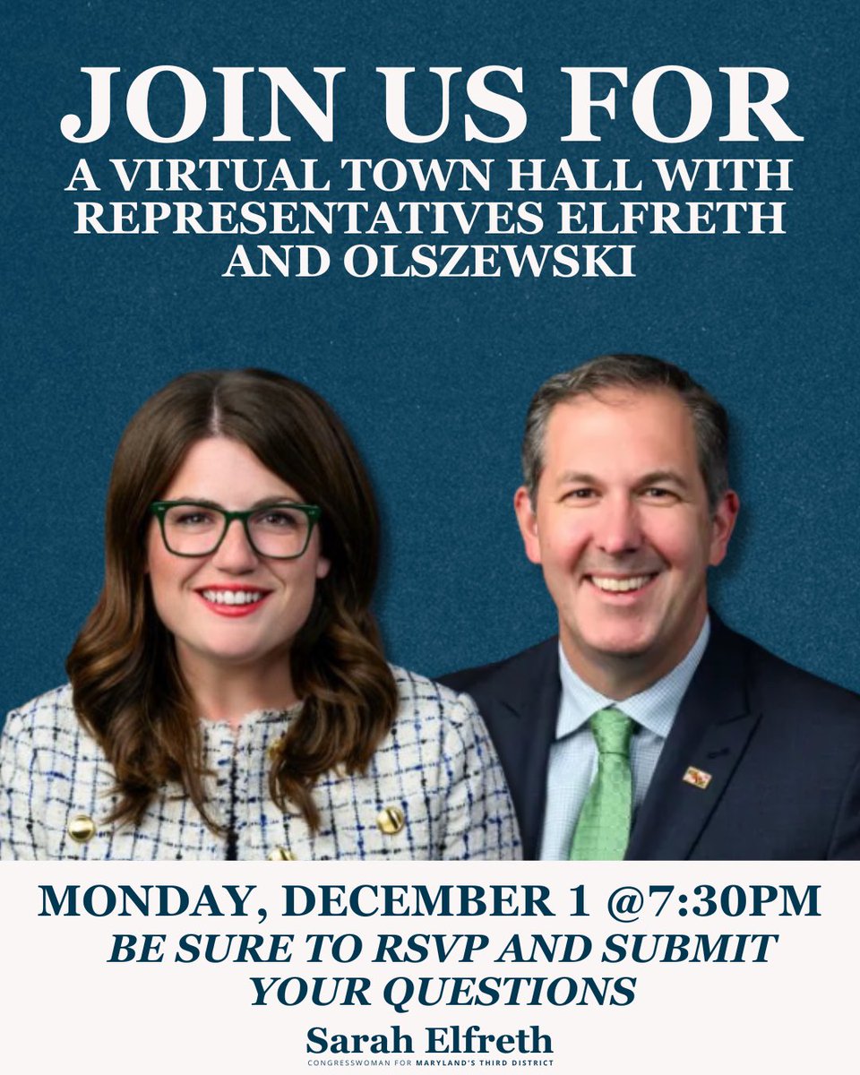 RepSarahElfreth's tweet image. Our virtual town hall with @RepJohnnyO is coming up on Monday at 7:30 PM! We’re only a few days away, so be sure to RSVP and submit your questions at the link below – hope to see you there!

eventbrite.com/e/virtual-town…