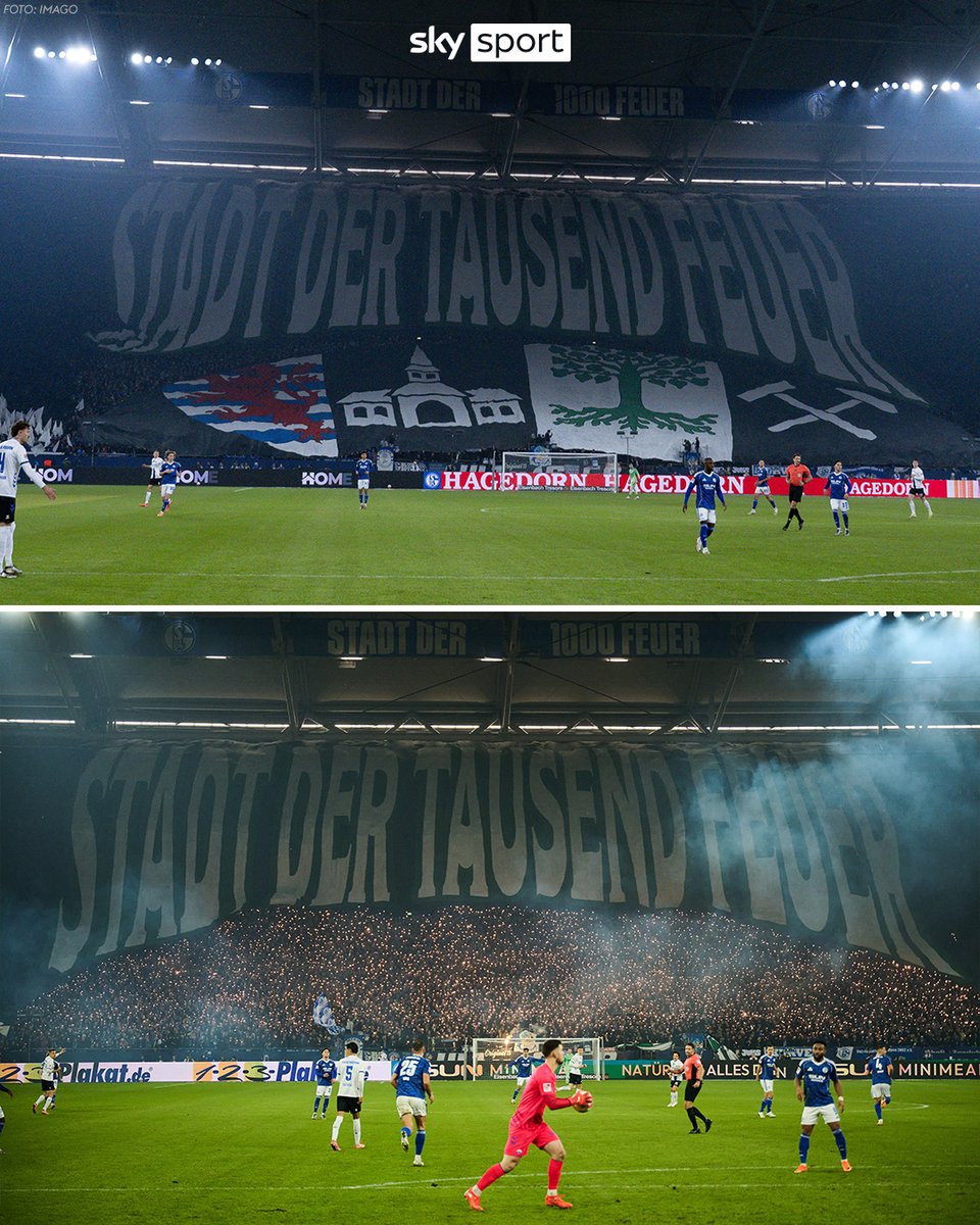 SkySportDE's tweet photo. "Stadt der 1000 Feuer!" 🔥

Die Nordkurve präsentiert beim Spitzenspiel gegen den SC Paderborn (wieder einmal) eine Mega-Choreo! 🚨😮‍💨

#S04SCP https://t.co/wCcJTFYP86