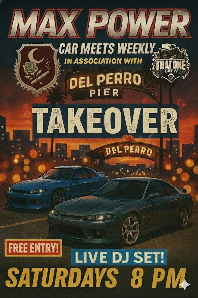 strp_games's tweet photo. 🐢 STRP EU 🏎️

🚗🔥  MAX POWER WEEKLY CAR MEET 🔥🚗
Hosted by: That One Crew x The Crimson Vanguard
📍 Location: Del Perro Pier
📅 Date & Time ⏰: Saturday, 29 November 2025 20:00

The engines are warming up and the streets are calling. Join us this Saturday for our up and coming soon to be weekly car meet at Del Perro Pier, brought together by the collaboration of **The Crimson Vanguard** and That One Crew.

Expect:
✨ Clean builds & wild customs
🎶 Music, vibes, and pier-side atmosphere
📸 Photo ops
🏁 Friendly meet-ups with fellow enthusiasts

Refreshments will be available for purchase from Gelatos Ice Cream Parlour staff. 

All rides and styles welcome. Bring your best build, your crew, and your energy. Respect the spot, respect each other, and let’s make this happen every week!

See you at the pier.
Drive in style. 🚘💨
