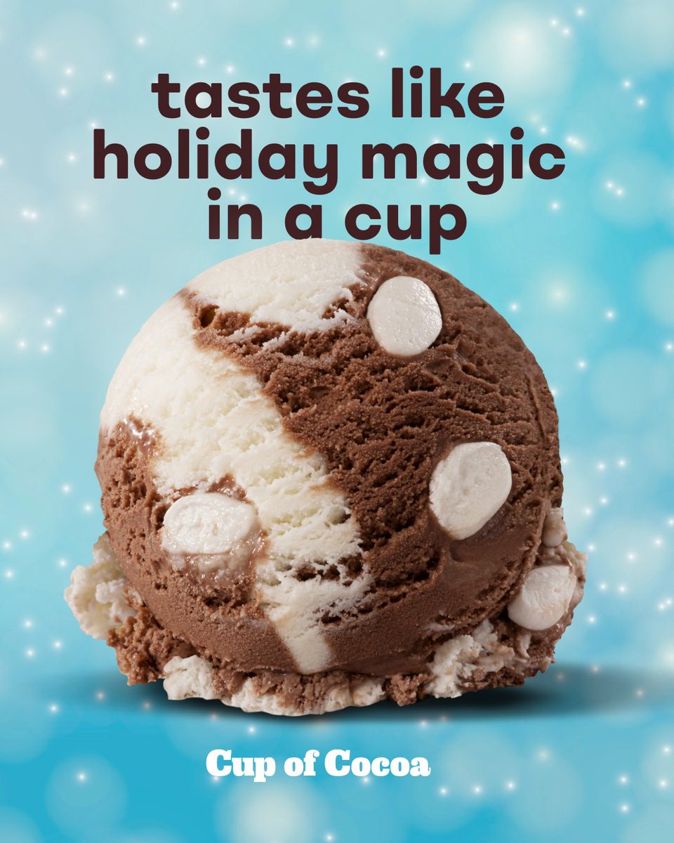 Your hot cocoa just got a chill upgrade ❄️ Meet Cup of Cocoa, December’s Flavour of the Month! ☕🍫

Marshmallow &amp; hot cocoa flavoured ice creams swirled together with mini marshmallows. It’s like a warm hug in a scoop!

Available all month long, or while supplies last.
