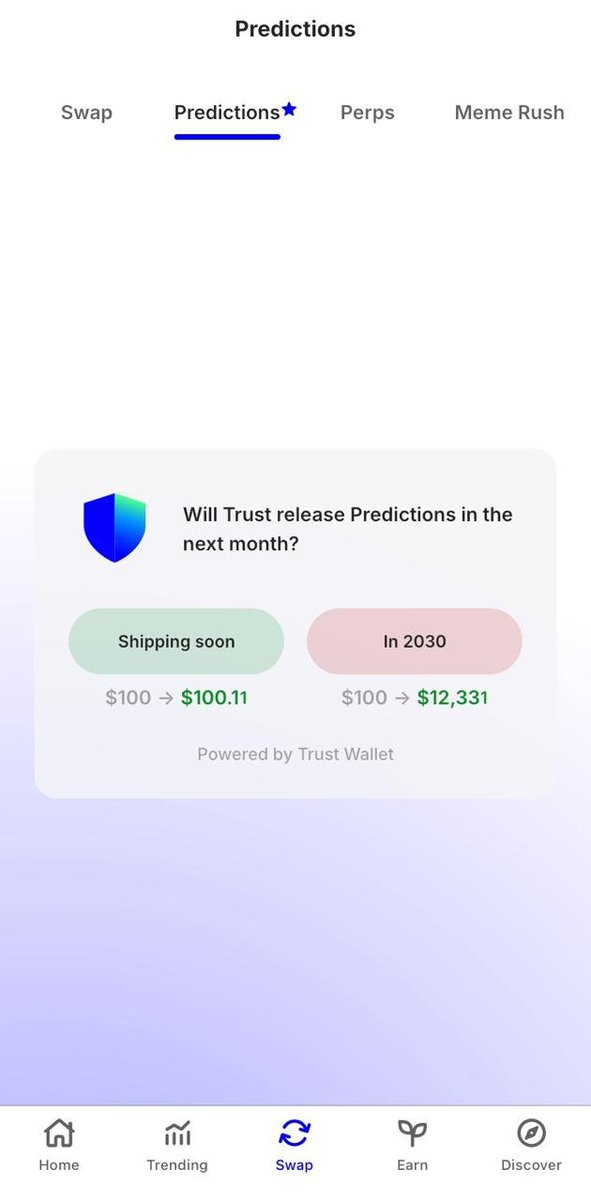 It's official, Prediction Market in Trust Wallet!

No matter the market sentiment, a different type of trading is always welcome!

Prediction markets is challenging and fun way to test your skill, and <a href="/TrustWallet/">Trust Wallet</a> has integrated it right into your wallet.

This integration would