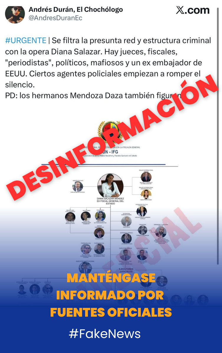 PoliciaEcuador's tweet image. NO A LA DESINFORMACIÓN 🚫

Ante esta publicación realizada en redes sociales, #PolicíaEcuador aclara que esto corresponde a DESINFORMACIÓN. 

Invitamos a la ciudadanía a informarse a través de cuentas oficiales que presentan noticias verídicas y contextualizadas.

#PolicíaEcuador…